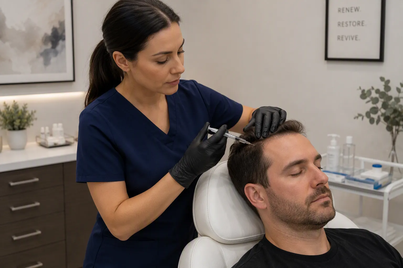 Nurse-injecting-stem-cells-into-patient-scalp